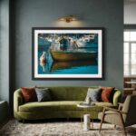Green velvet sofa beneath framed harbor boat artwork