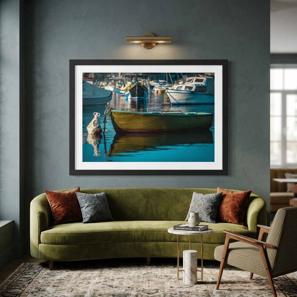 malta boats the mooring wall art Green velvet sofa beneath framed harbor boat artwork