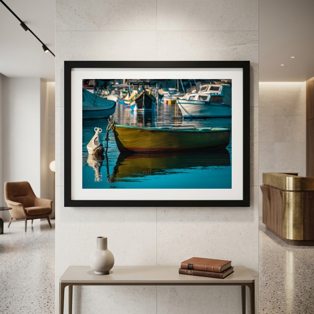 Framed harbor boat photograph above modern console table