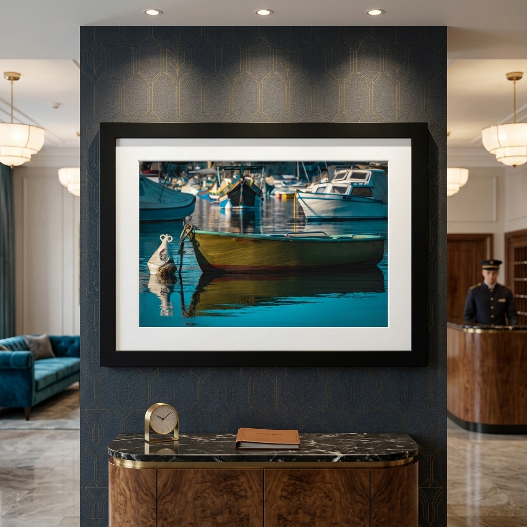 Framed harbor boat photograph in elegant hotel lobby