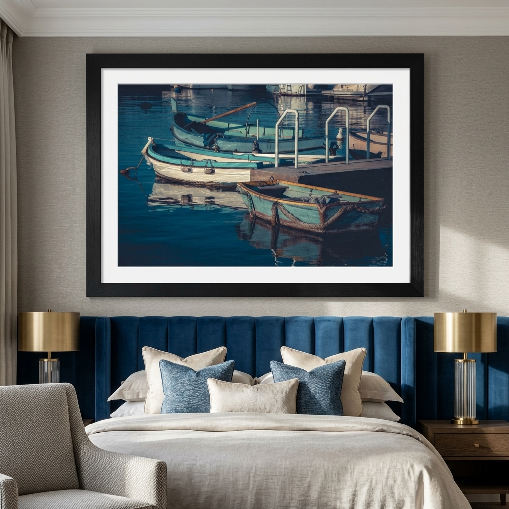 Framed boats artwork above elegant blue velvet bed