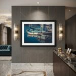 Luxury hotel lobby with framed boat artwork