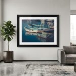 Framed boat painting above sofa and potted plant
