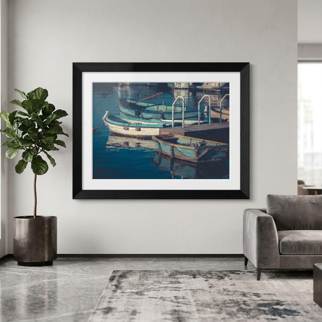 Framed boat painting above sofa and potted plant