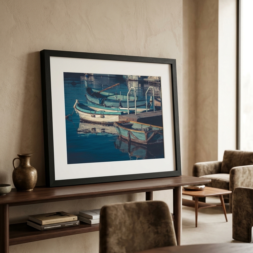 Framed boat photograph on wooden console in living room