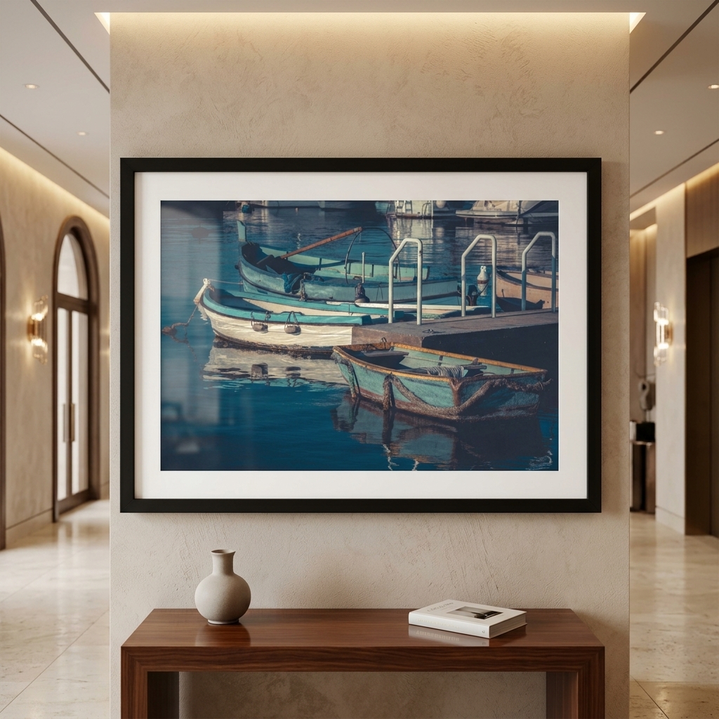 Framed painting of boats displayed in elegant hallway