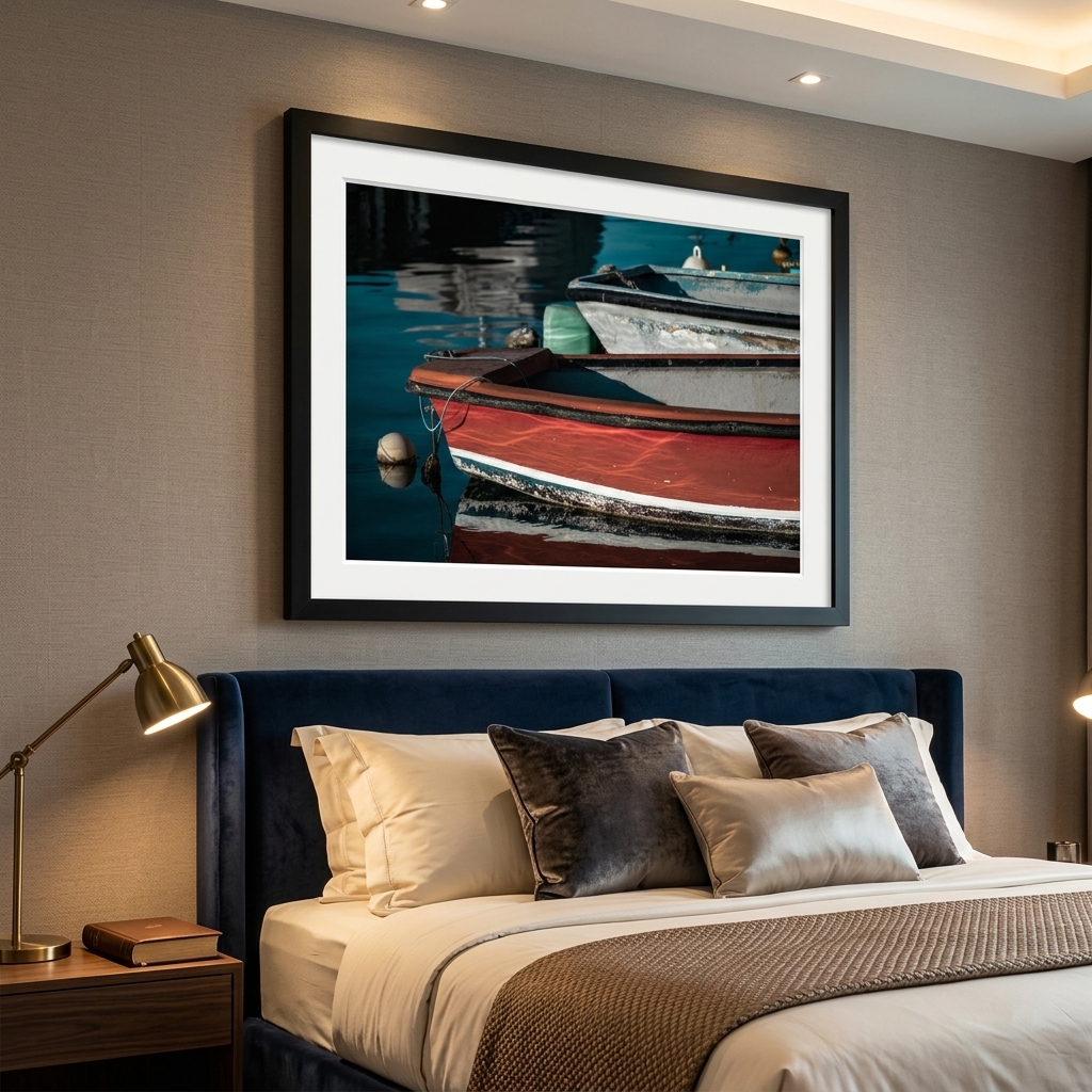 Framed boat photograph above a neatly styled bedroom bed