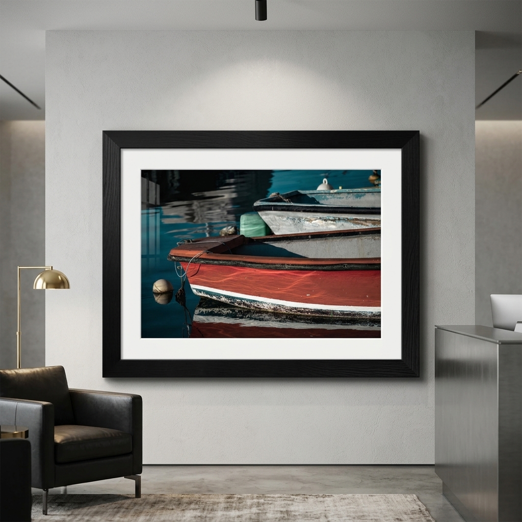 Framed photograph of colorful boats in a modern office