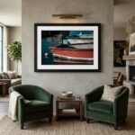 Cozy living room with boat artwork and green chairs
