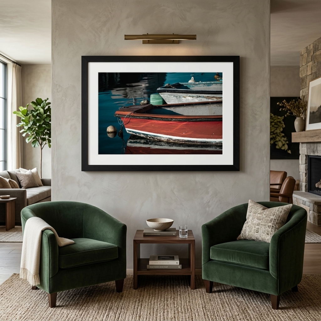 Cozy living room with boat artwork and green chairs