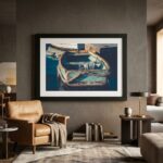 Framed rowboat artwork above a leather armchair