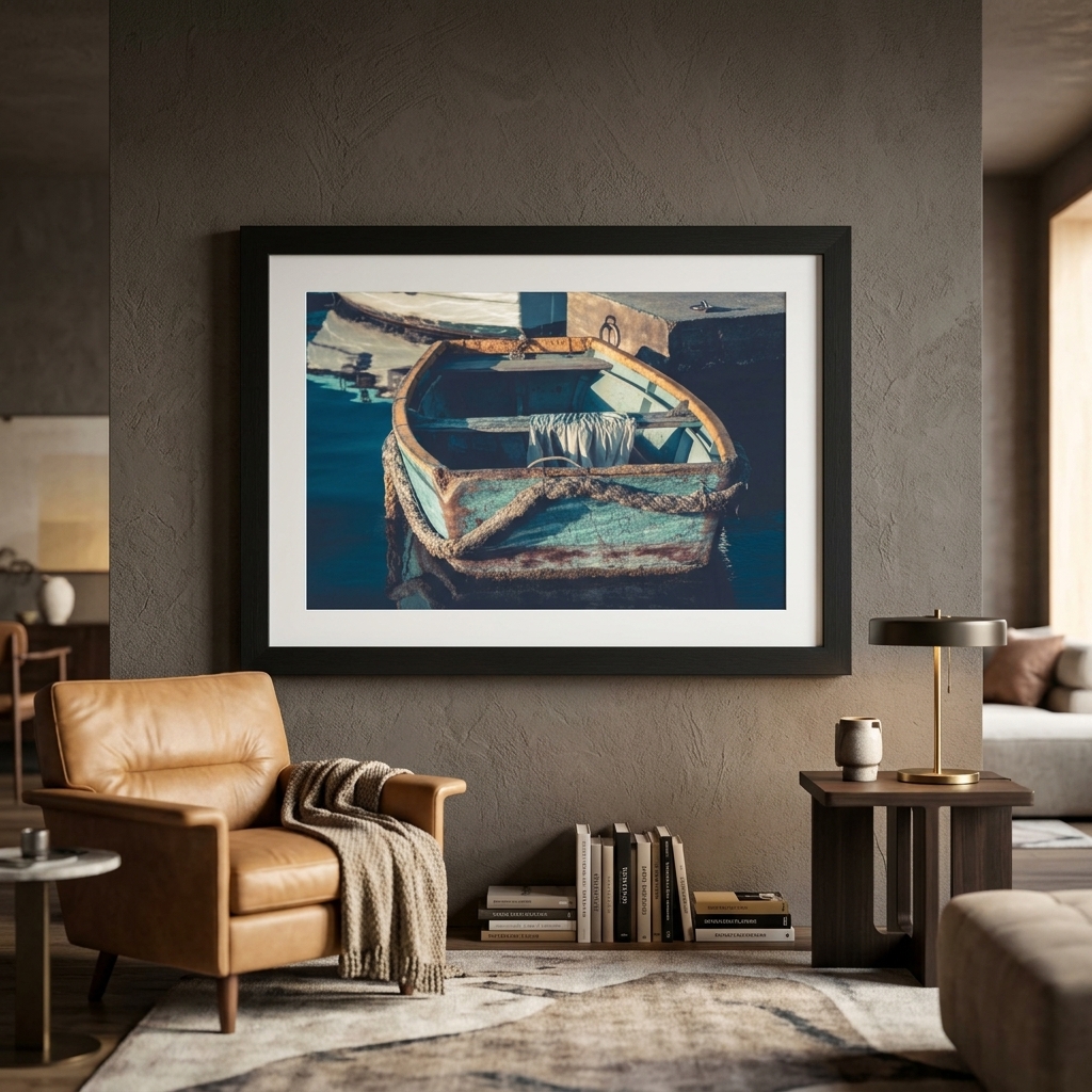 Framed rowboat artwork above a leather armchair