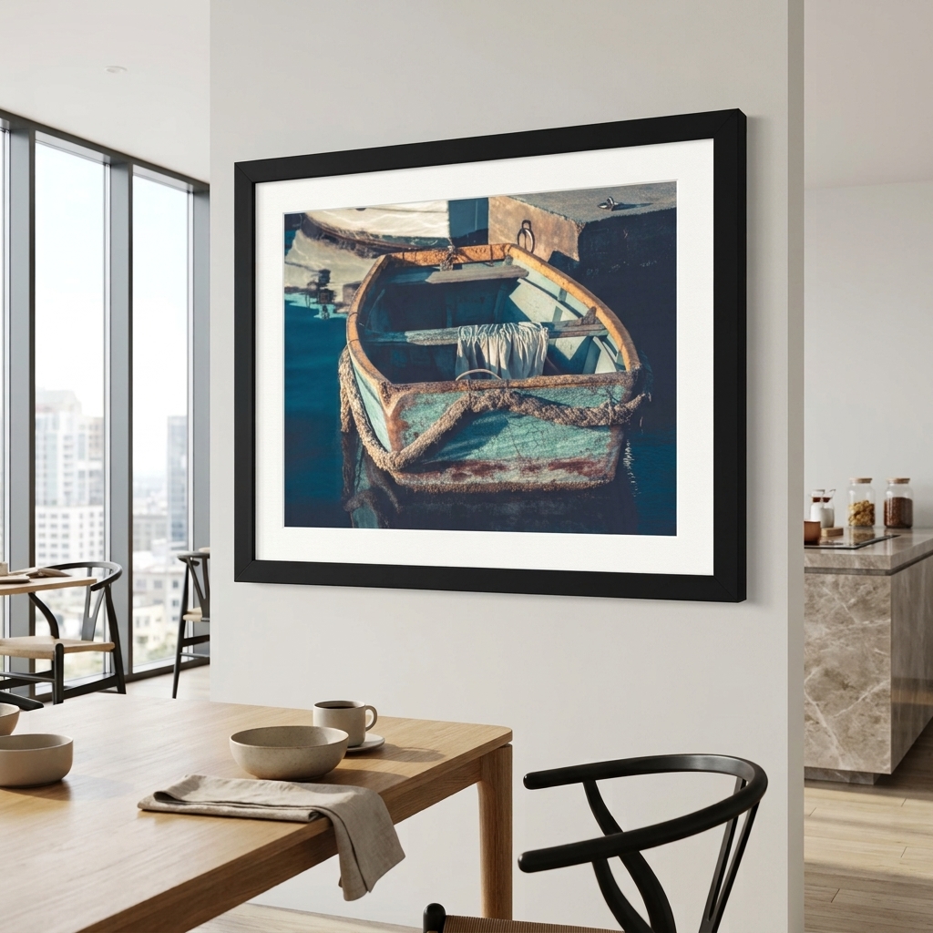 Framed vintage rowboat photograph above modern dining table