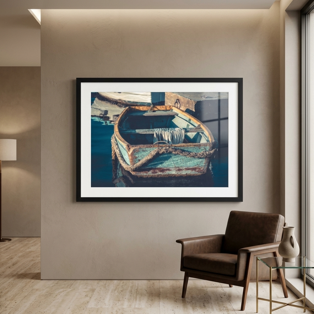 Framed boat photograph above leather chair in modern room