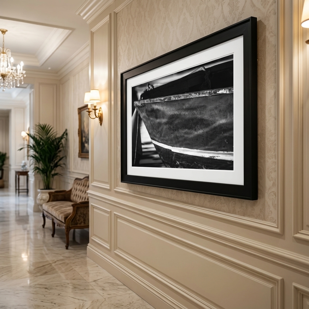 Framed black-and-white boat photograph in elegant hallway