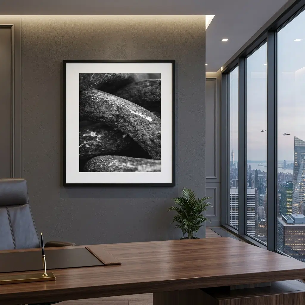Modern executive office with city skyline and framed rock photograph