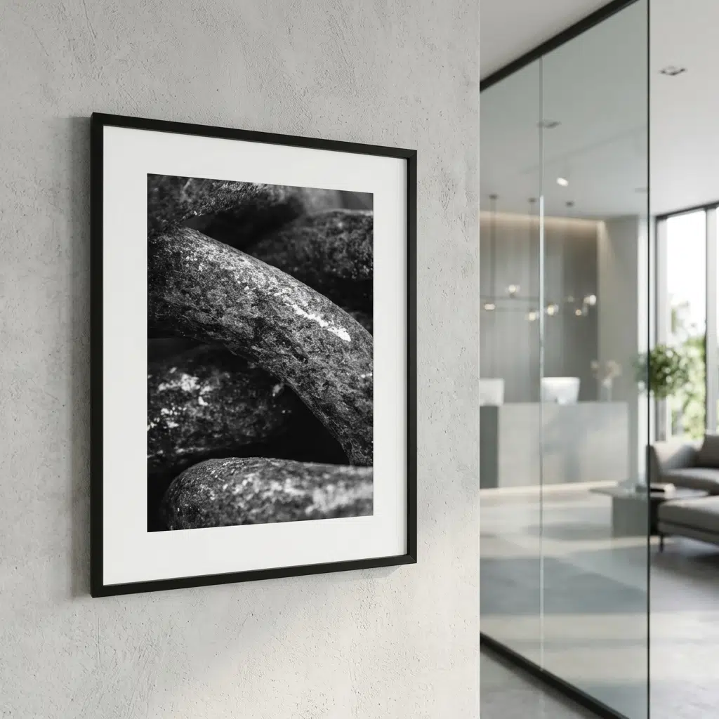 Framed black-and-white rock photograph in modern interior