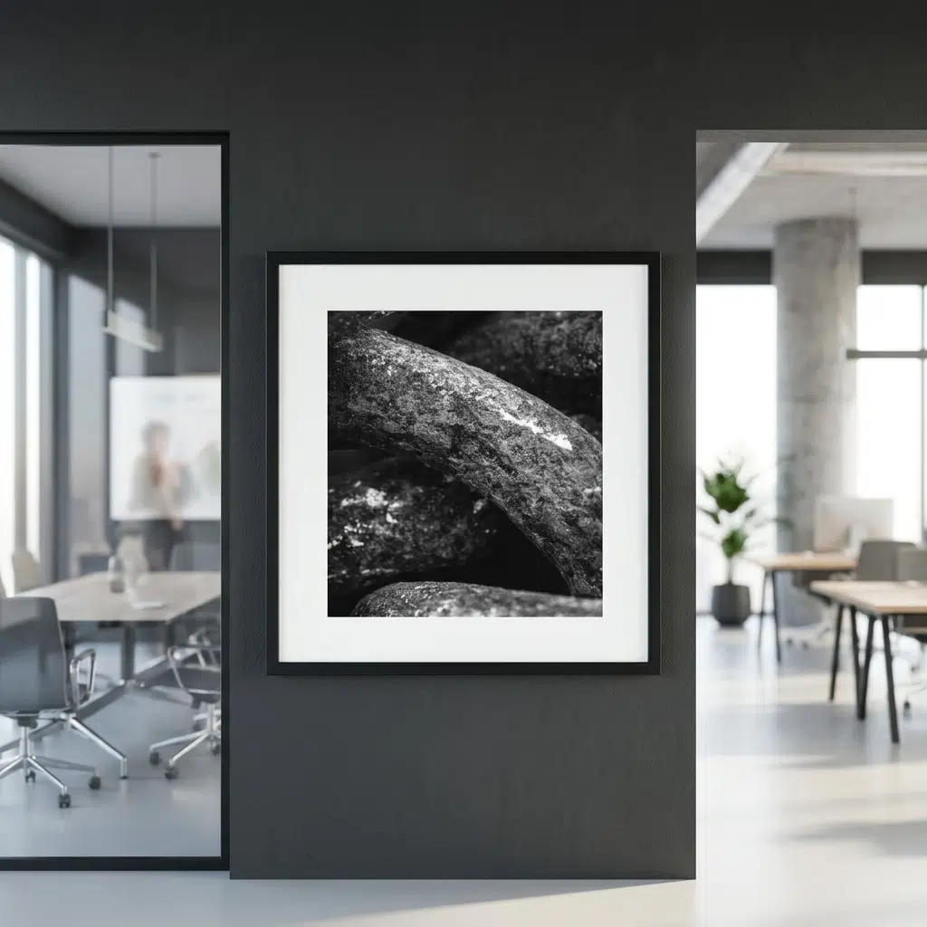 Framed black-and-white rock photograph in modern office