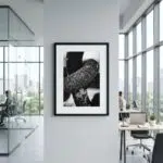 Framed black-and-white abstract photograph in modern office