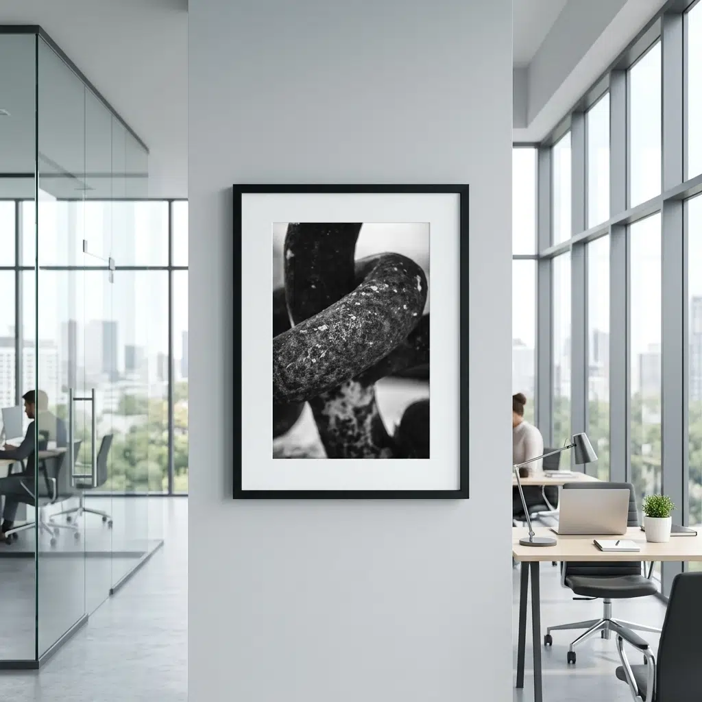 Framed black-and-white abstract photograph in modern office