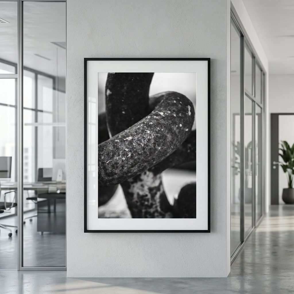 Framed black-and-white abstract photograph in modern office hallway