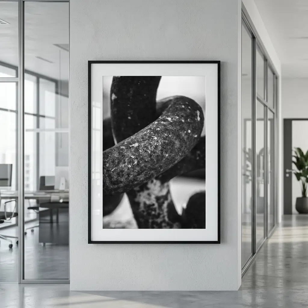 Framed black-and-white abstract photograph in modern office hallway