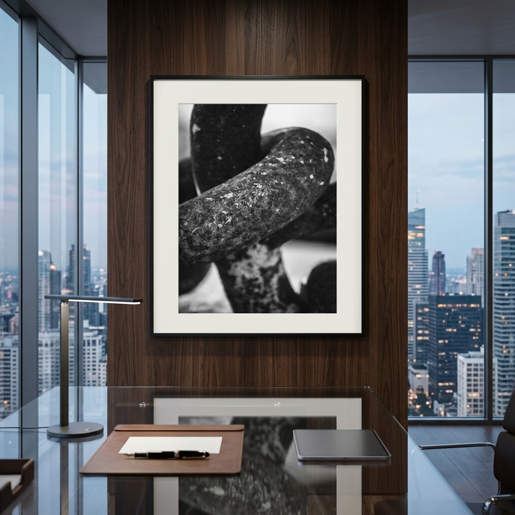 Framed black-and-white abstract photograph in modern office