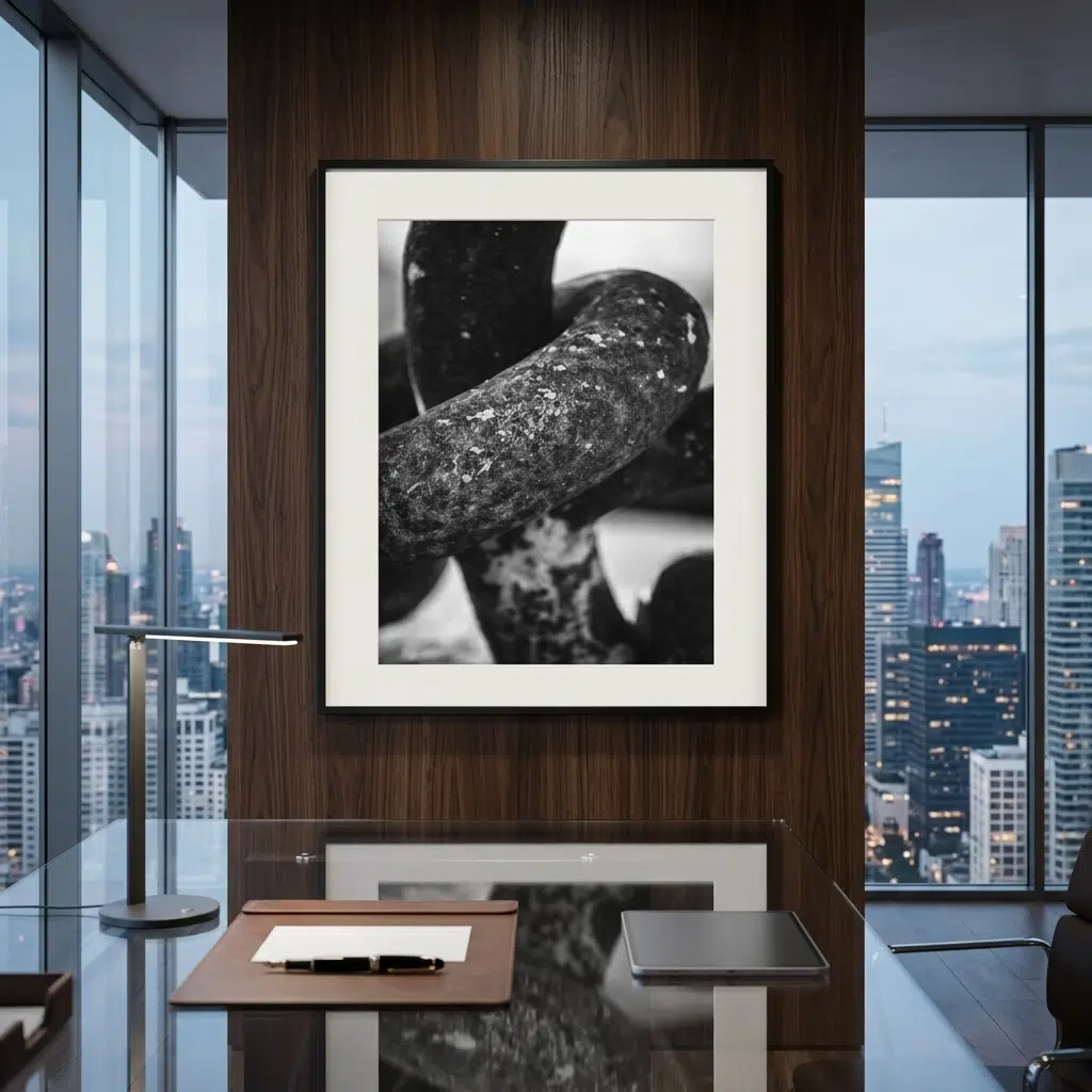 Framed black-and-white abstract photograph in modern office