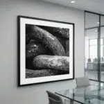Framed black-and-white boulder photograph in modern conference room
