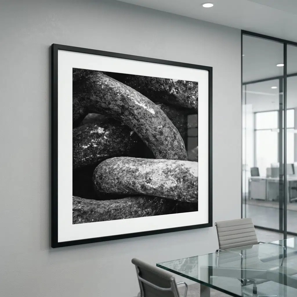 Framed black-and-white boulder photograph in modern conference room