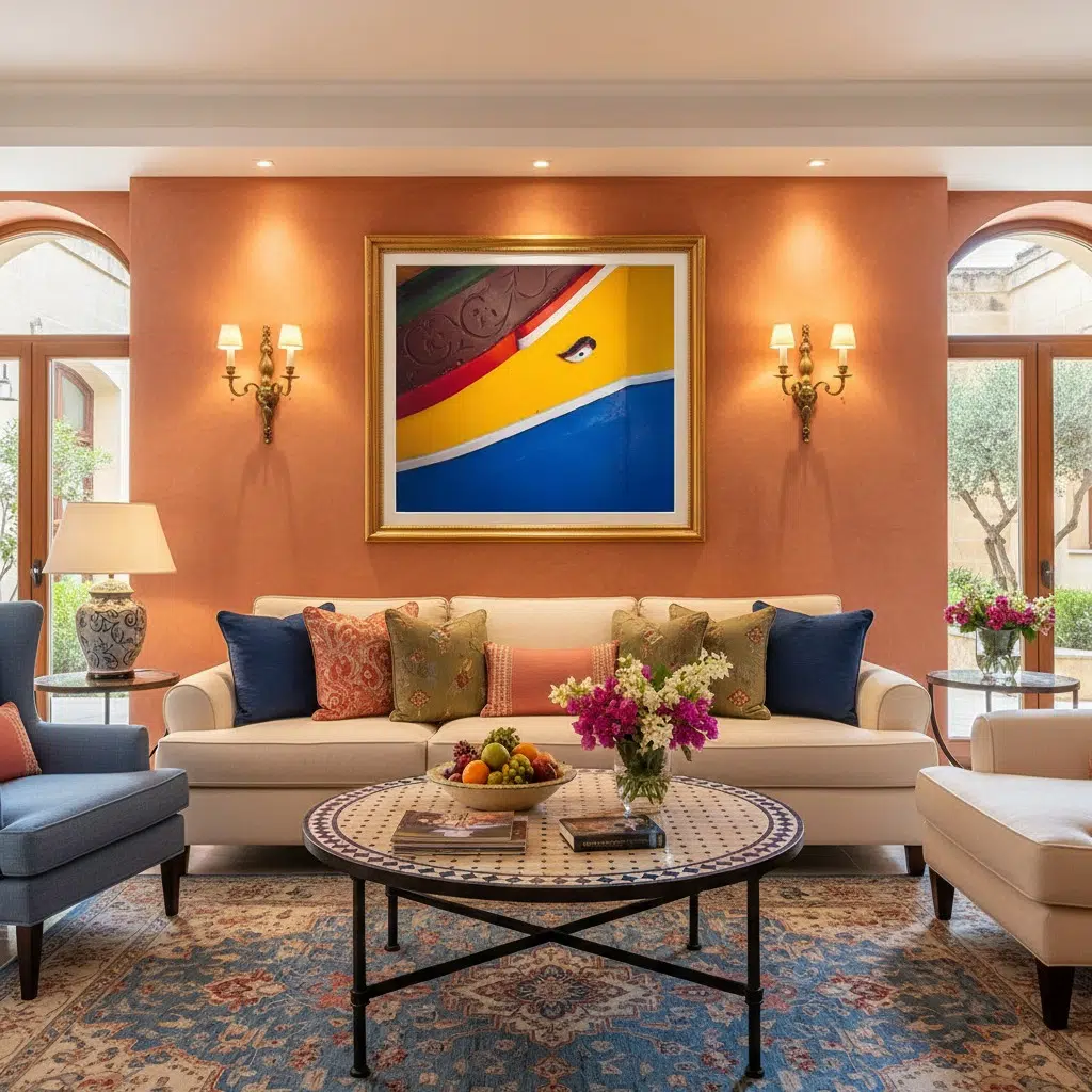 Elegant living room with colorful art and decor