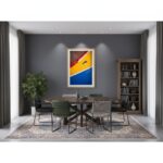 Modern dining room with round table and artwork