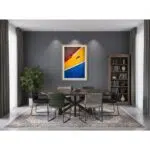 Modern dining room with round table and artwork