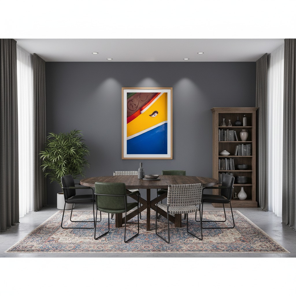 Modern dining room with round table and artwork