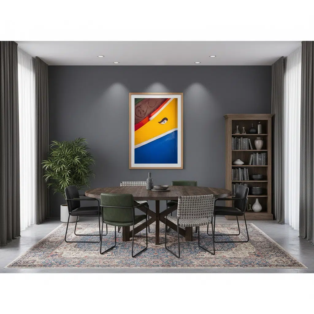 Modern dining room with round table and artwork