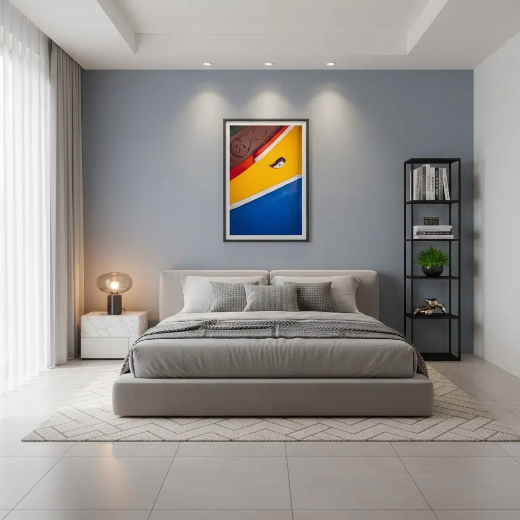 Modern minimalist bedroom with gray bed and artwork