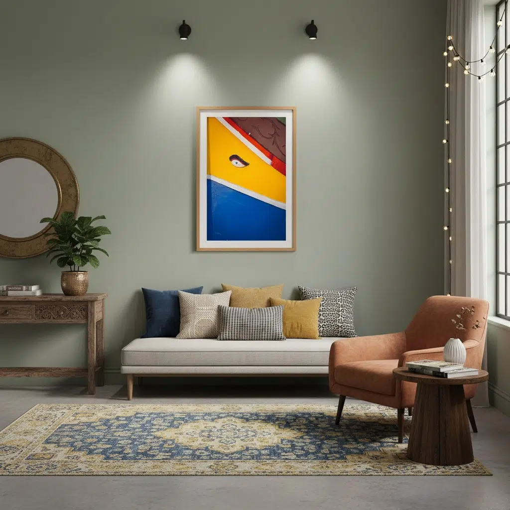 Modern living room with abstract art and sofa