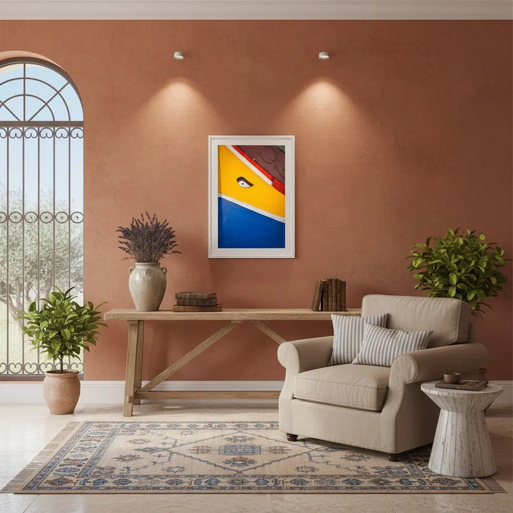 Cozy living room with terracotta wall and armchair