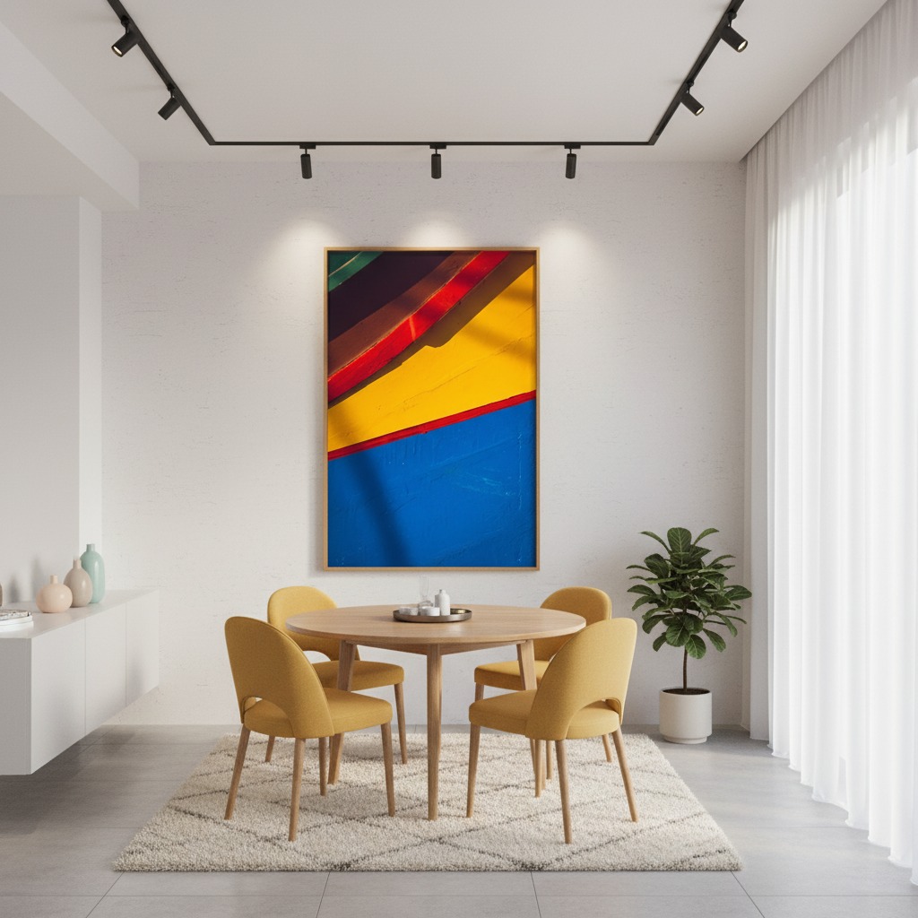Modern dining room with colorful abstract wall art
