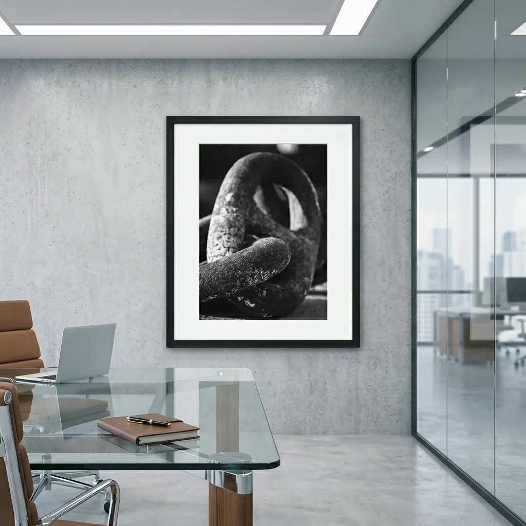 Framed black-and-white sculpture photograph in modern office