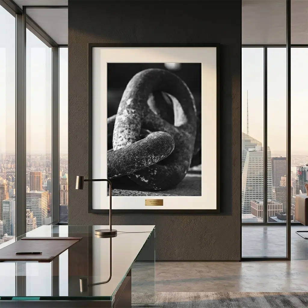 Framed black-and-white sculpture photograph in modern office