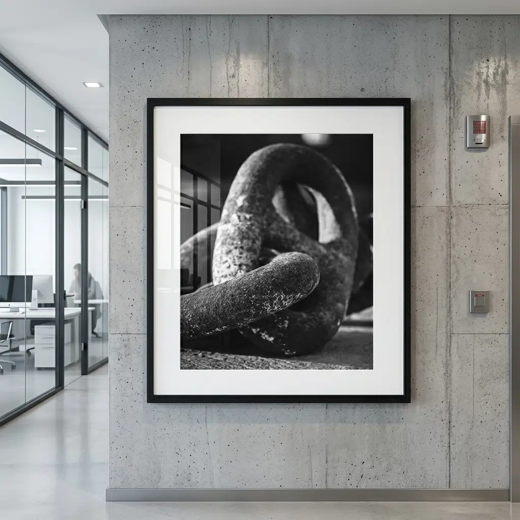 Framed black-and-white abstract sculpture photograph in modern office
