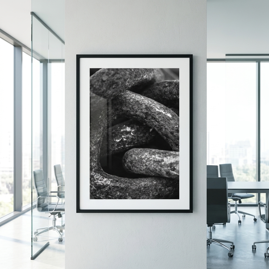 Framed black-and-white stone photograph in modern office