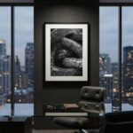 Framed black-and-white stone photograph in modern office