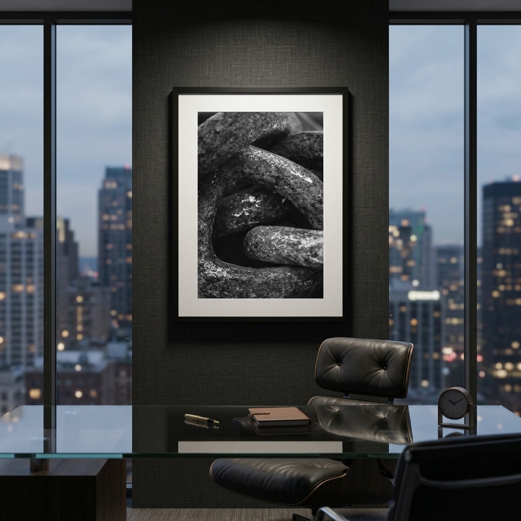 Framed black-and-white stone photograph in modern office