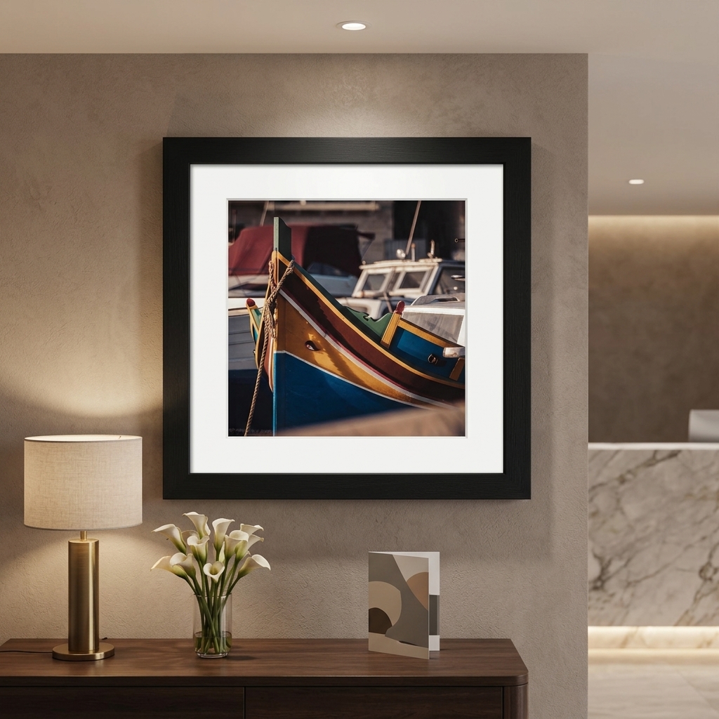Framed colorful boat photograph above a console table
