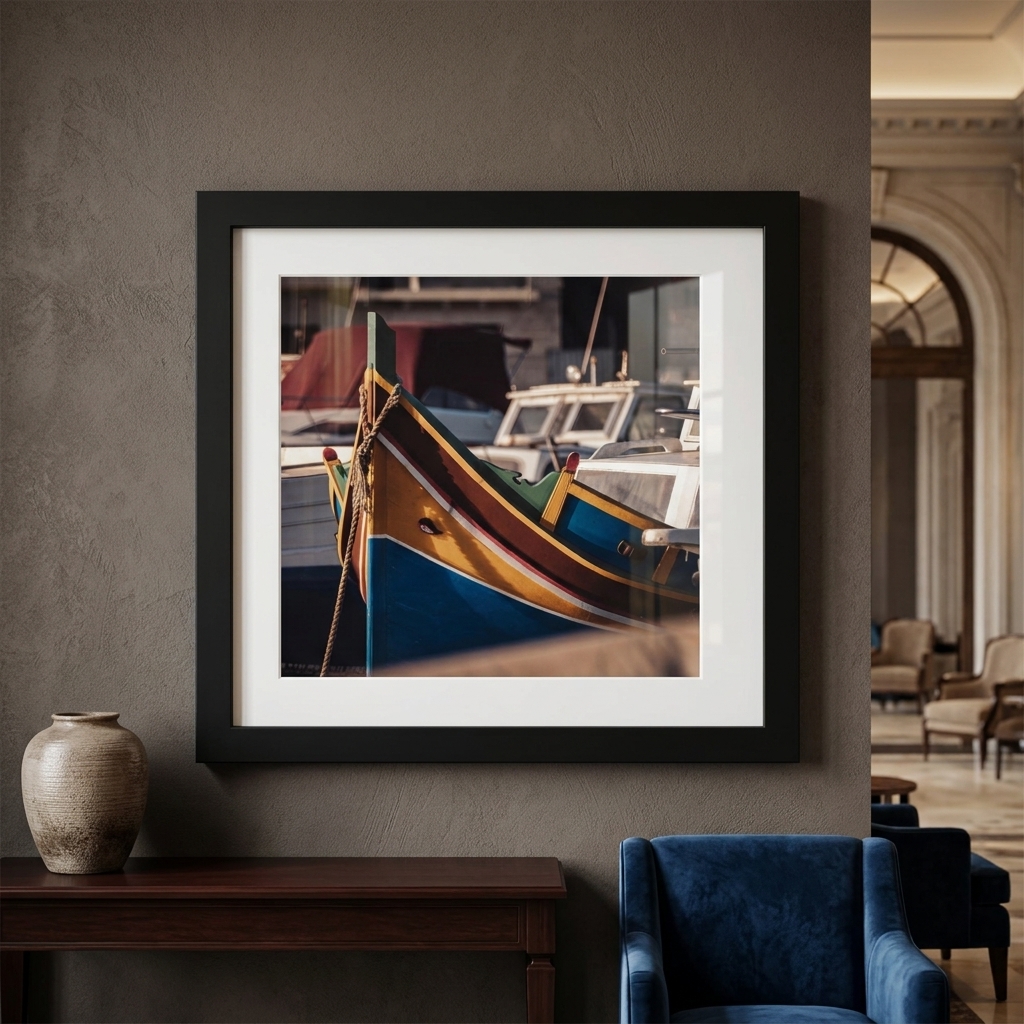 Framed colorful boat photograph above console table