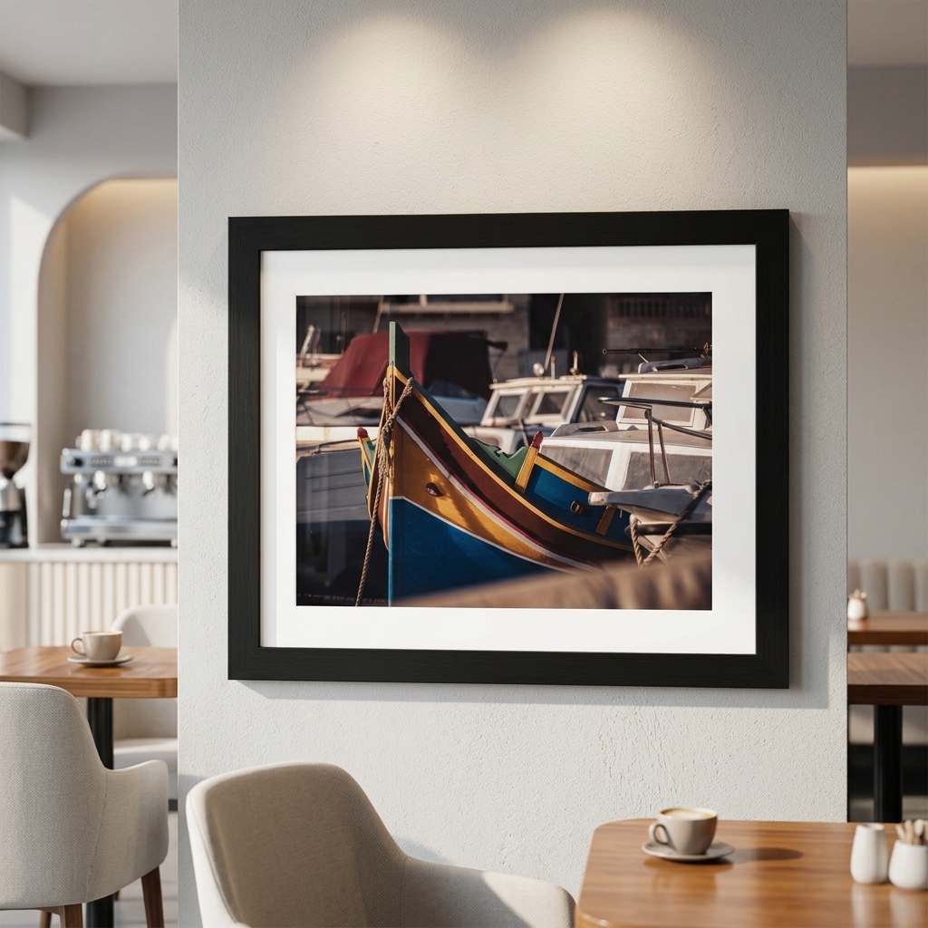 Framed colorful boat photograph in a modern cafe