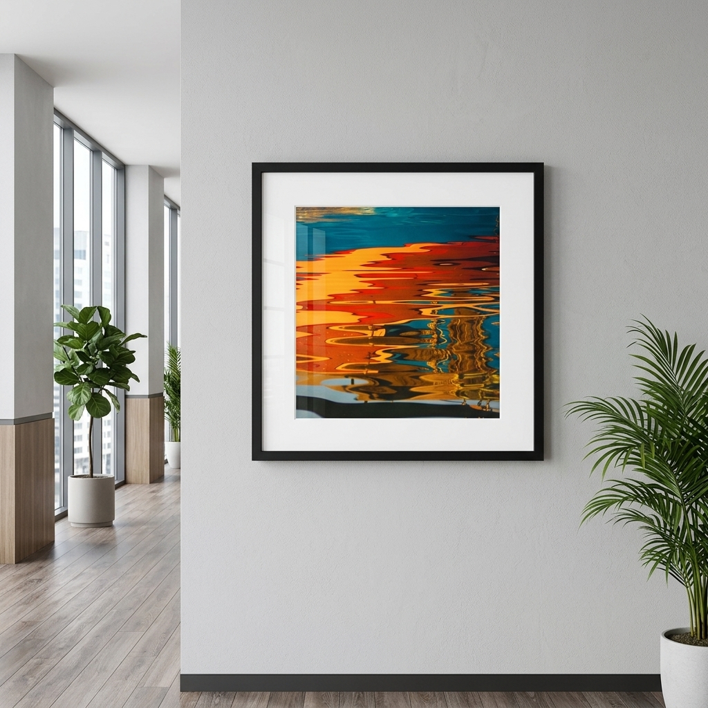 Framed colorful water reflection artwork in modern office hallway