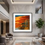Colorful abstract artwork in a modern marble living room